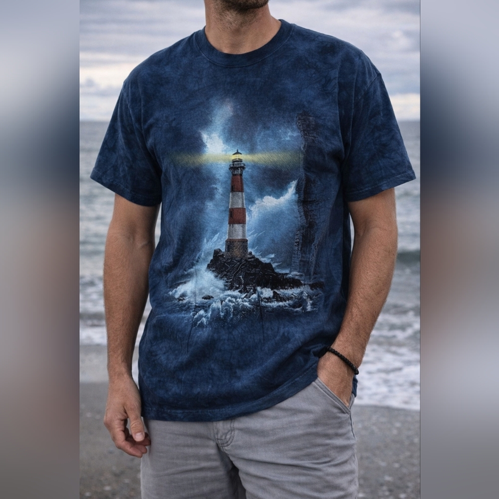The Mountain Lighthouse Graphic Tee Navy Blue Tie Dye Shirt Size M 100% Cotton